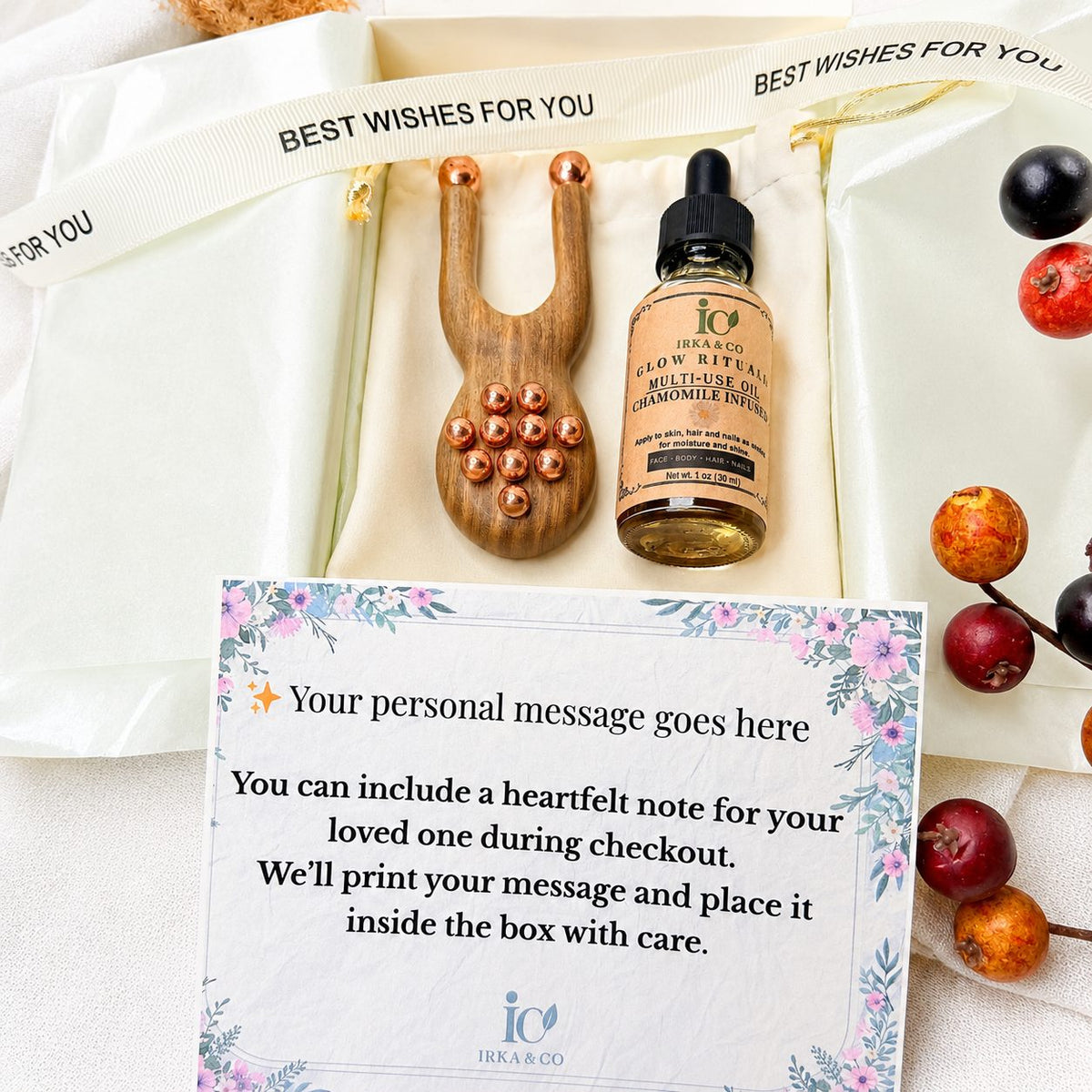 Handwritten-style personal message card included with the facial lift massager gift set