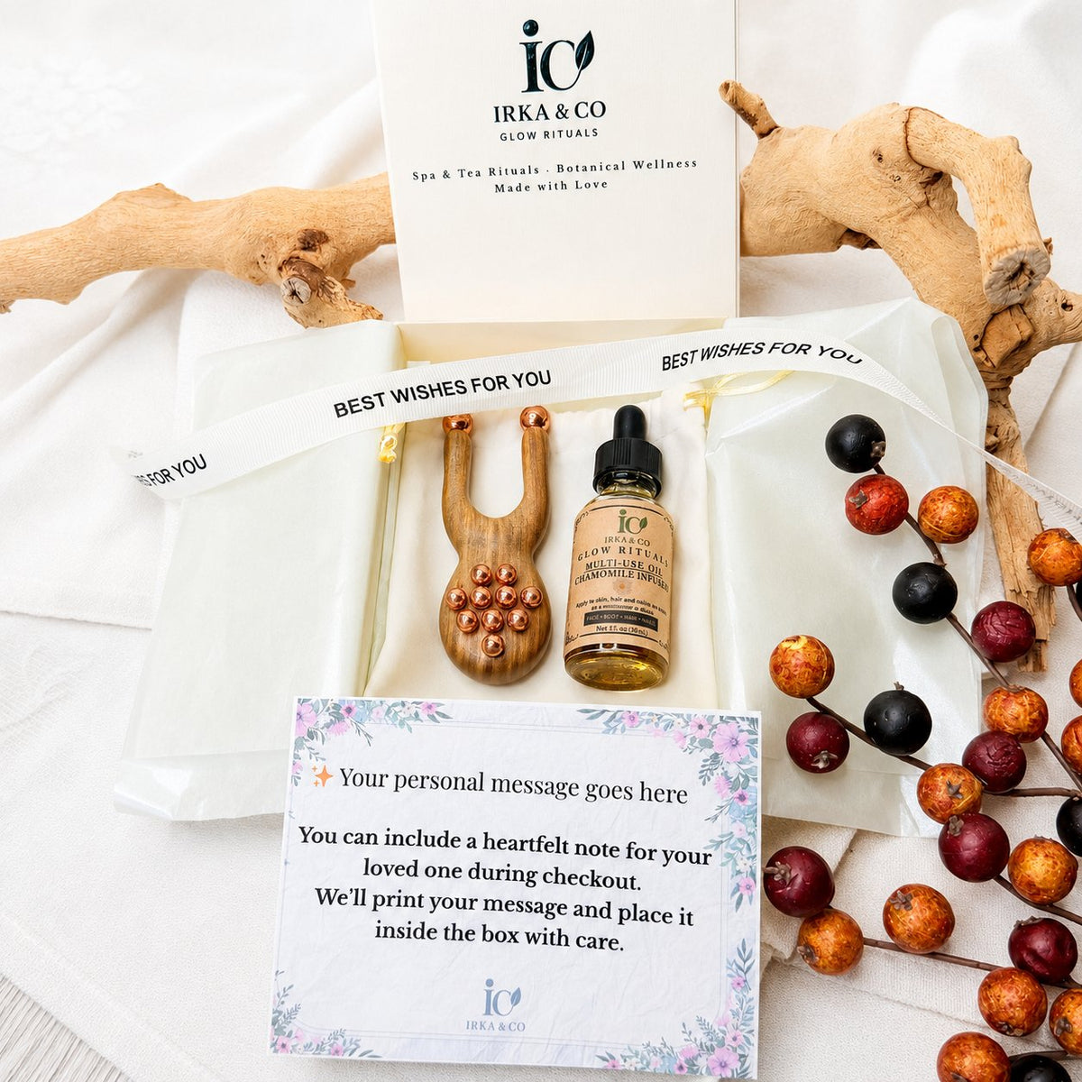 Complete gift set with facial lift massager, botanical facial oil, gift box, pouch and message card