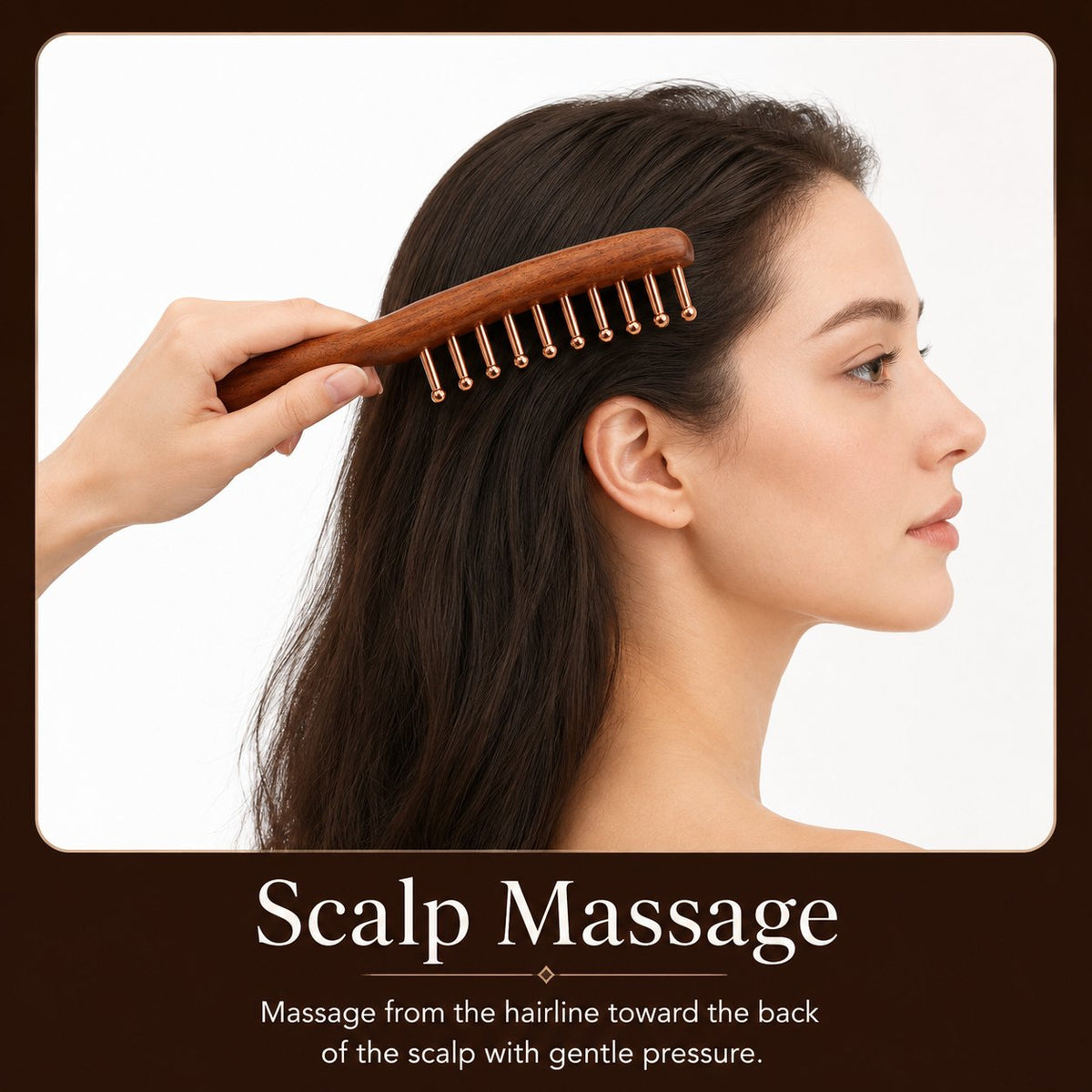 Copper and rosewood ritual comb used for a scalp massage