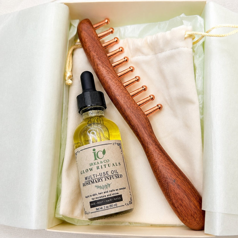 What's inside: copper and rosewood scalp and body ritual comb with botanical oil and cotton pouch