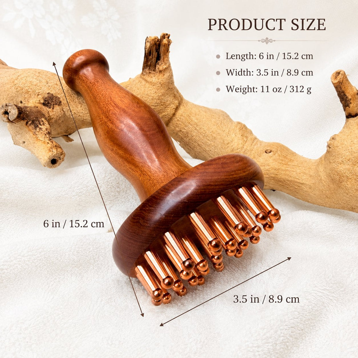 Infographic showing the massager's size: 6 in / 15.2 cm length, 3.5 in / 8.9 cm width, 11 oz / 312 g weight