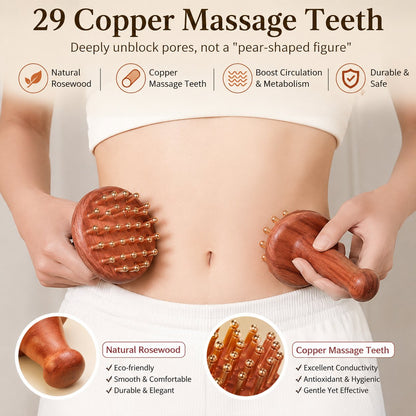 Infographic: 29 Copper Massage Teeth, natural rosewood and copper materials, woman using two massagers on her abdomen