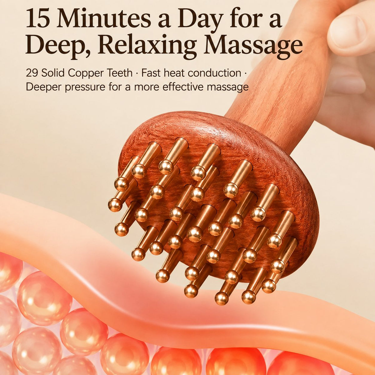 Infographic: 15 minutes a day for a deep relaxing massage with 29 solid copper teeth for fast heat conduction and deeper pressure