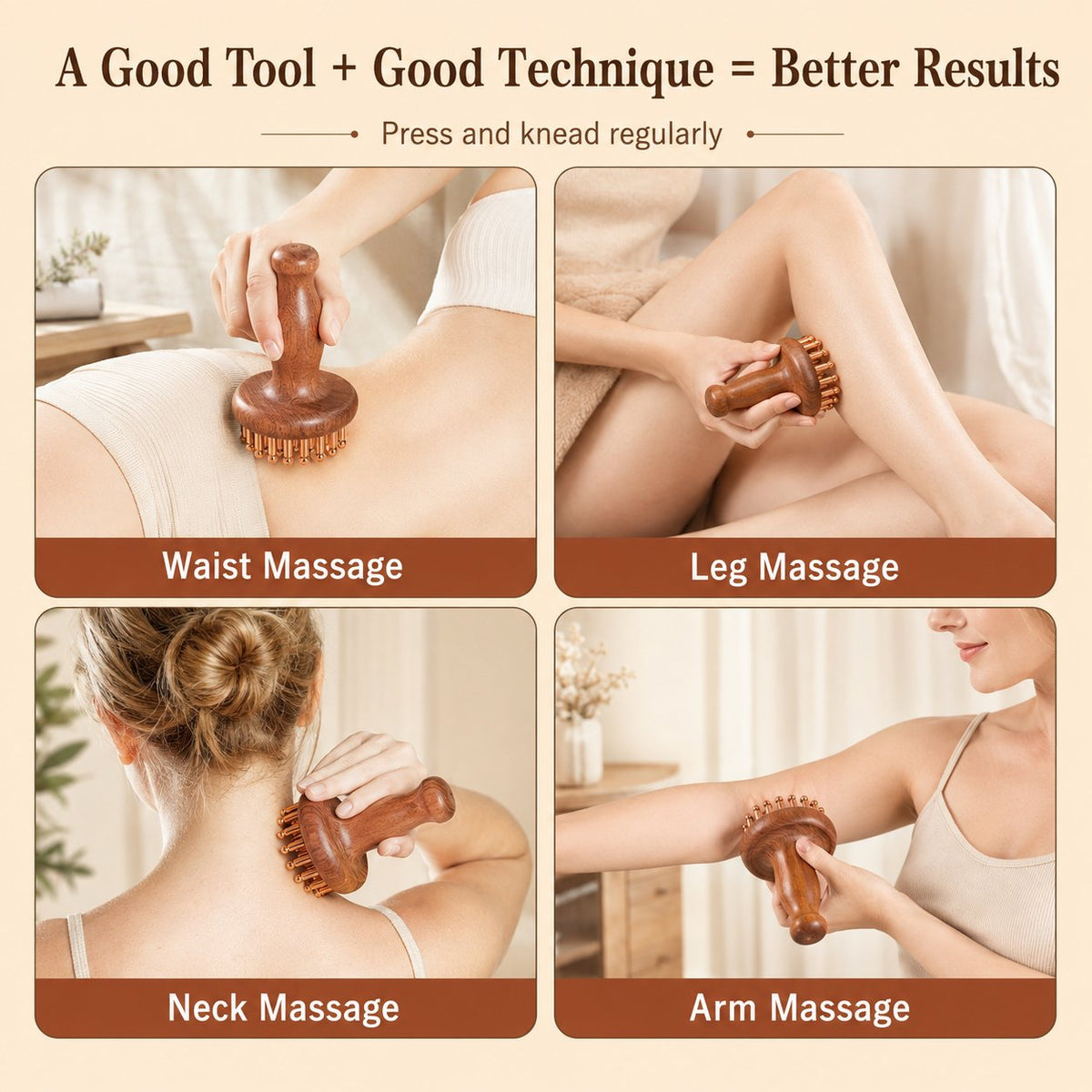 Four-photo usage guide: waist massage, leg massage, neck massage and arm massage with the Copper & Rosewood Deep Tissue Massager