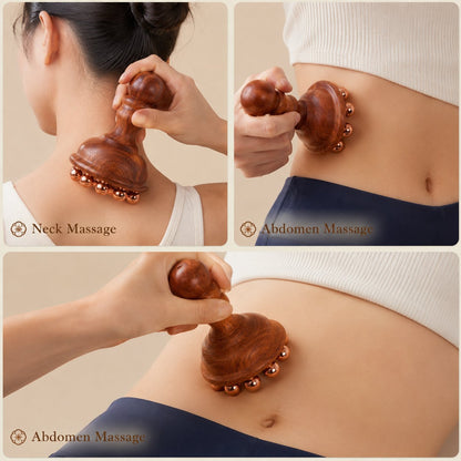 Copper and rosewood body contouring massage tool used on the neck and abdomen