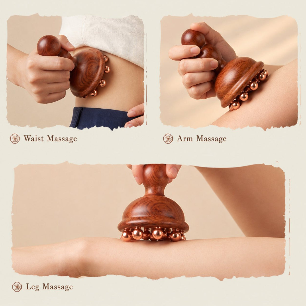 Copper and rosewood body contouring massage tool used on the waist, arm and leg