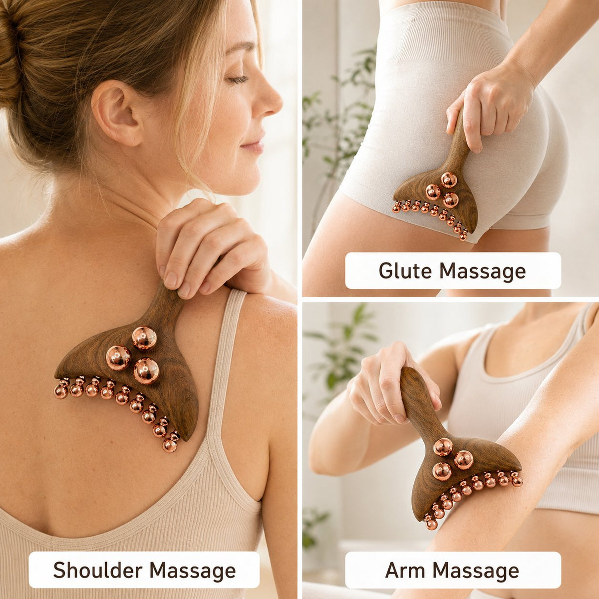 Infographic showing the Copper & Wood Deep Tissue Massage Tool used for shoulder massage, glute massage, and arm massage