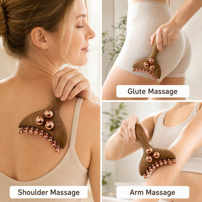 Infographic showing the Copper & Wood Deep Tissue Massage Tool used for shoulder massage, glute massage, and arm massage