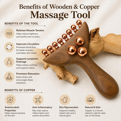 Infographic listing the benefits of the Wooden & Copper Massage Tool, including relieving muscle tension, improving circulation, supporting lymphatic drainage, and the antimicrobial and anti-inflammatory benefits of copper
