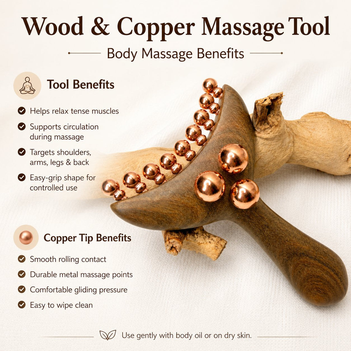 Infographic titled Wood & Copper Massage Tool Body Massage Benefits, listing tool benefits and copper tip benefits with a note to use gently with body oil or on dry skin