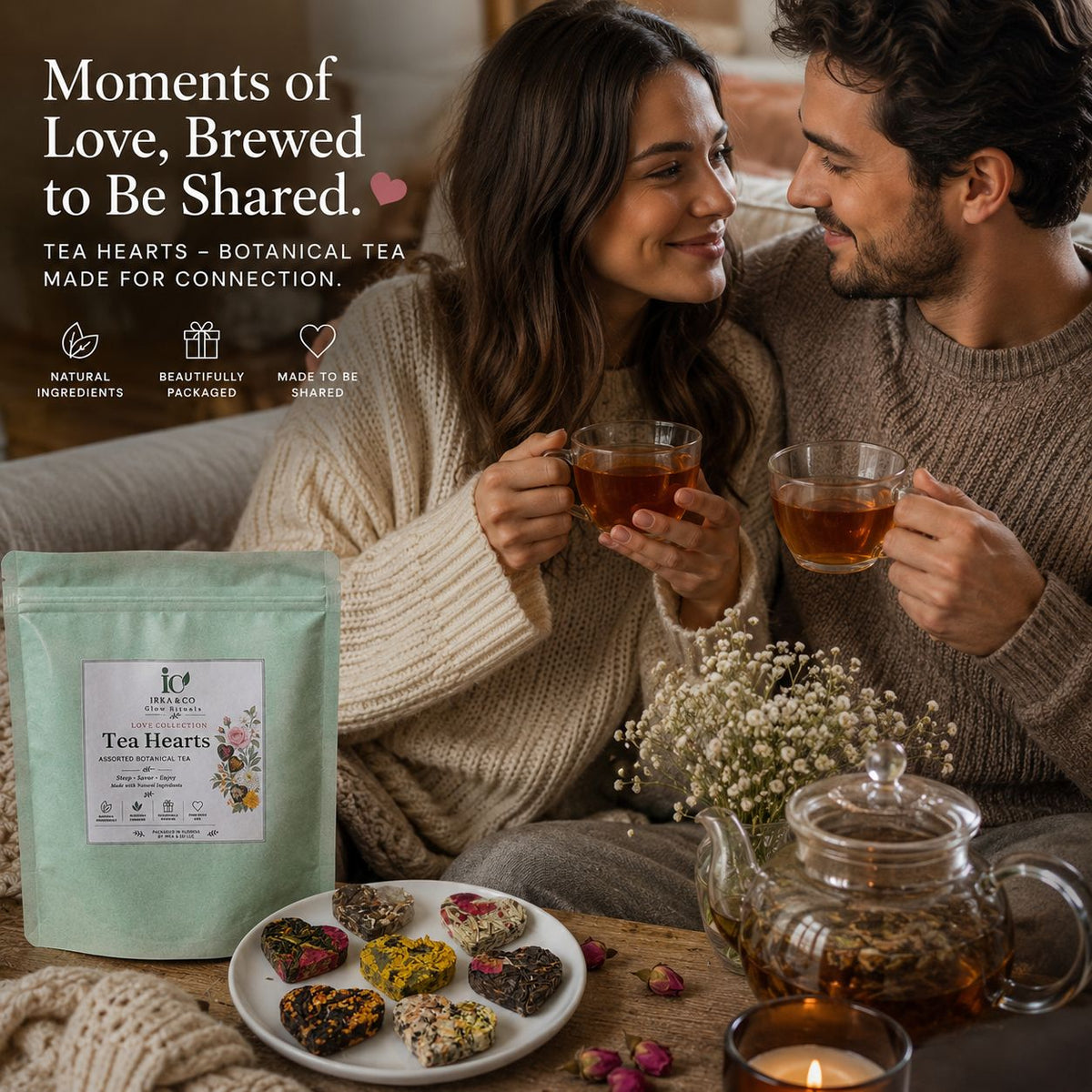 Moments of love, brewed to be shared — a couple enjoying tea together with the Tea Hearts pouch