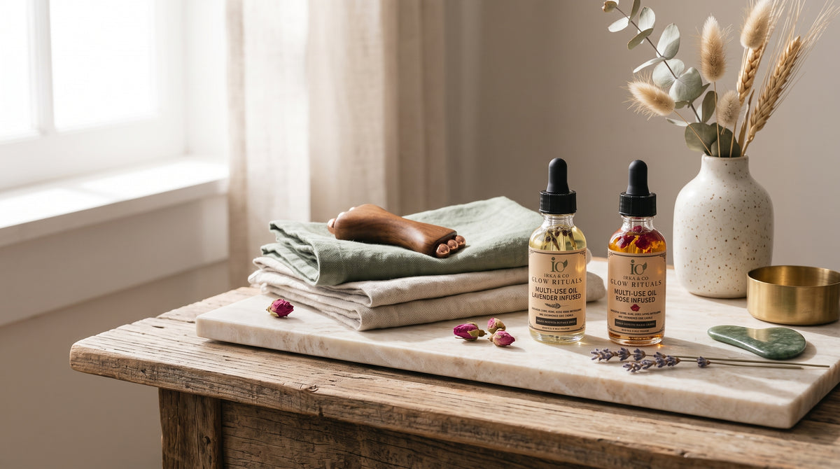Irka and Co. lavender infused and rose infused multi-use botanical oils on a marble slab beside folded linen towels, a wooden massage tool, a jade gua sha and dried flowers in a sunlit room