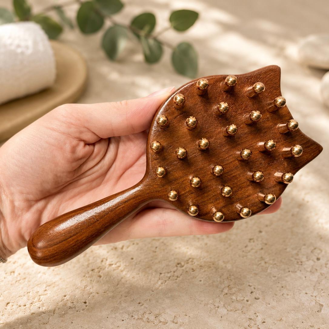 Cat-shaped brass massage comb for scalp, neck and shoulders