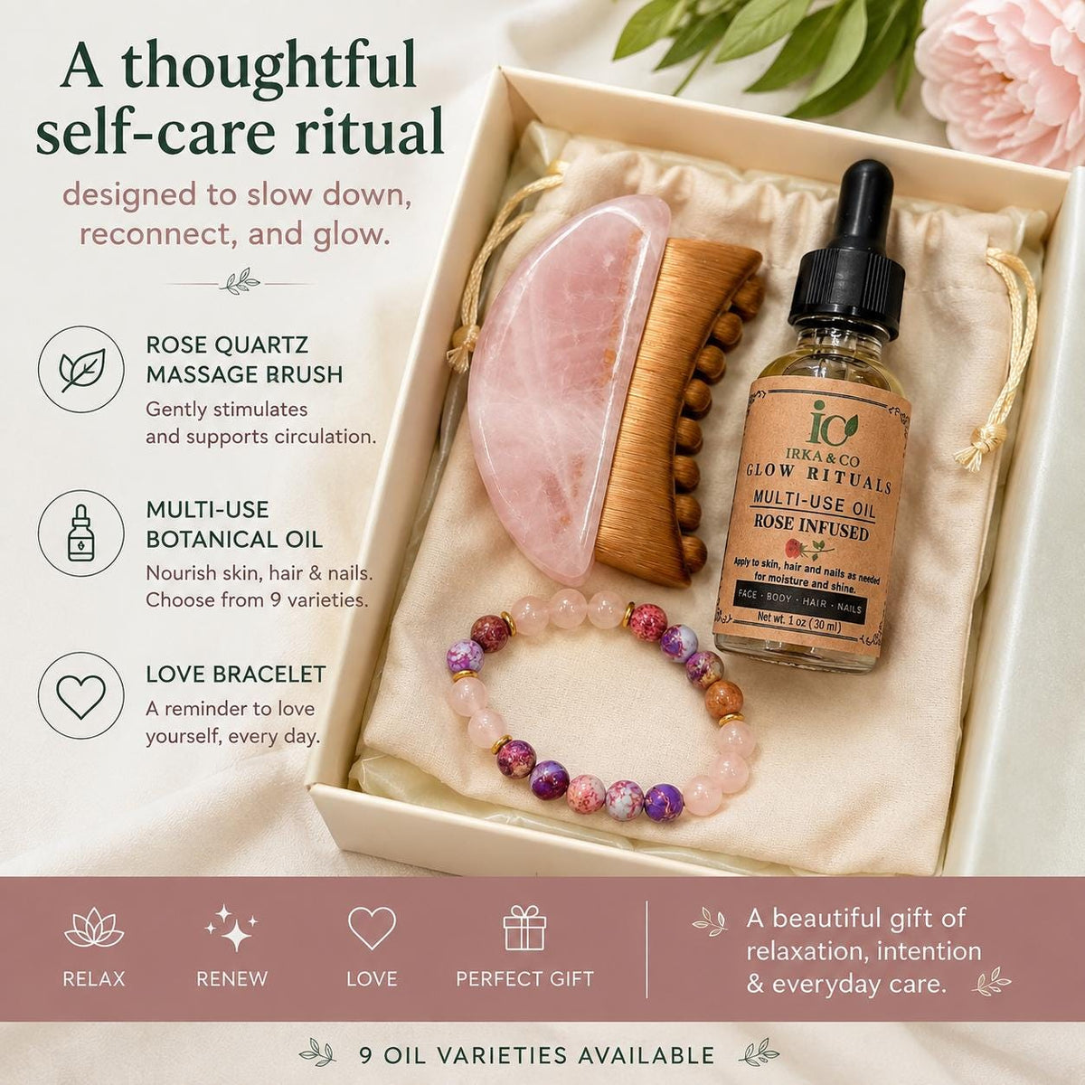 Infographic titled A Thoughtful Self-Care Ritual describing the Rose Quartz Massage Brush, Multi-Use Botanical Oil, and Love Bracelet included in the Gua Sha Ritual Set