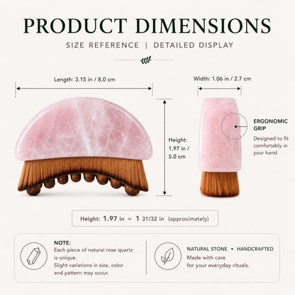 Product Dimensions infographic for the Rose Quartz Gua Sha comb showing length 3.15 in, width 1.06 in, height 1.97 in, and ergonomic grip detail