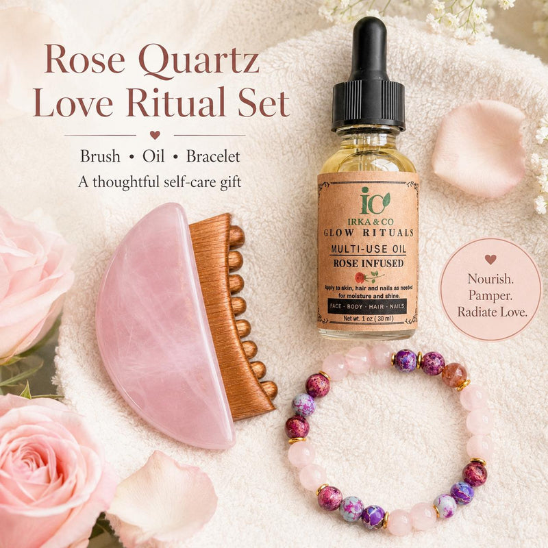 Rose Quartz Gua Sha Ritual Set flat lay with the gua sha, wooden comb, Multi-Use Oil, and bracelet arranged among pink roses, text reading Nourish Pamper Radiate Love