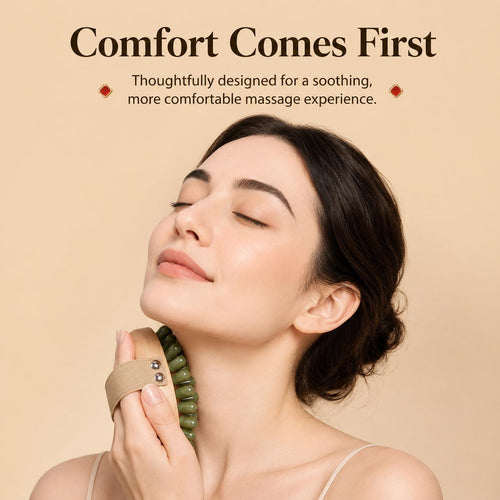Woman with eyes closed applying the Jade Lymphatic Massage Brush to her neck and jawline, text reading Comfort Comes First