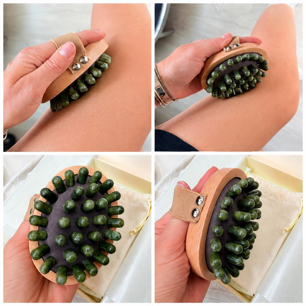 Four-panel collage of the Jade Lymphatic Massage Brush in use on the leg with its hand strap, and held in hand over the gift box from different angles