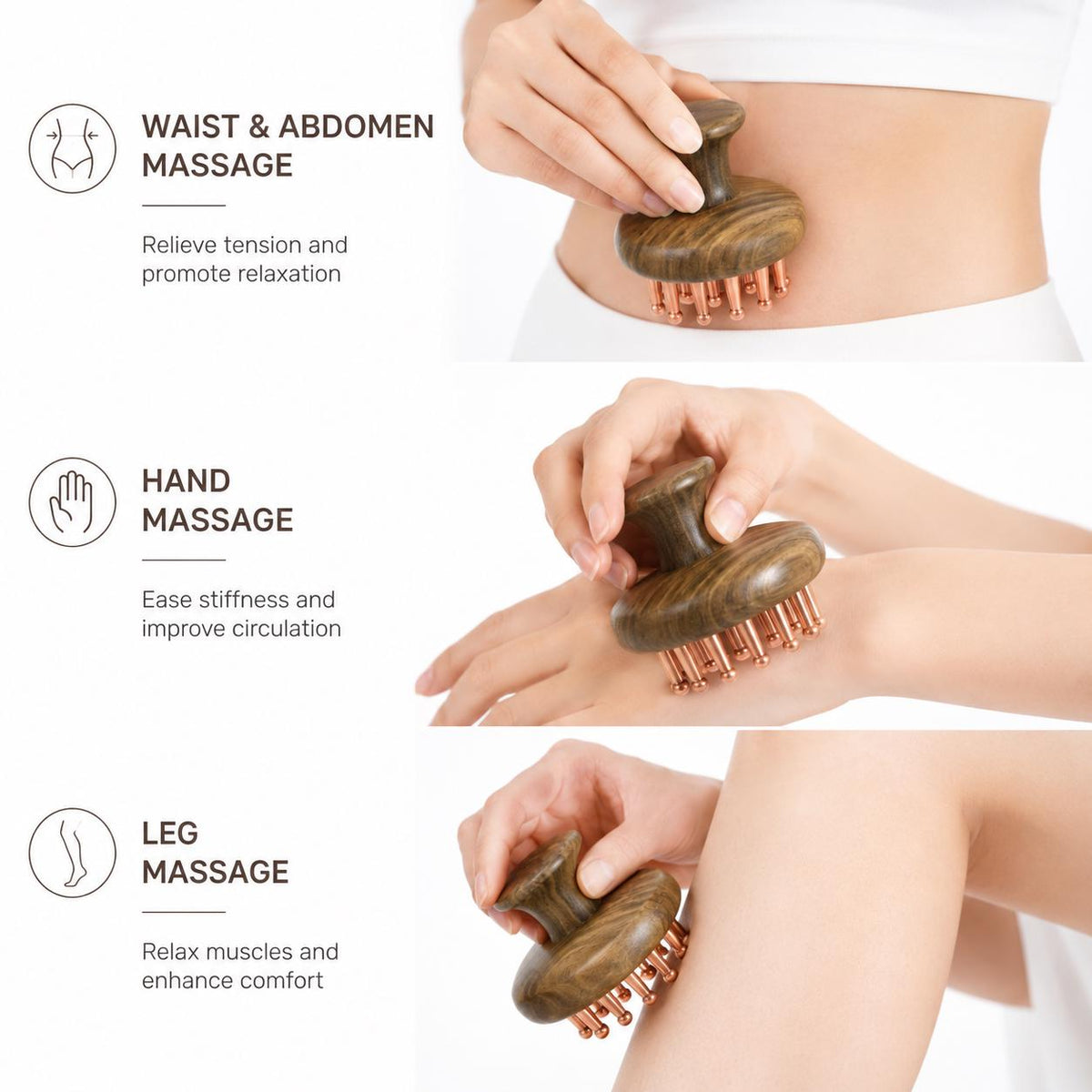 Infographic showing multi-use applications of the Copper & Sandalwood Massage Comb for waist and abdomen massage, hand massage, and leg massage