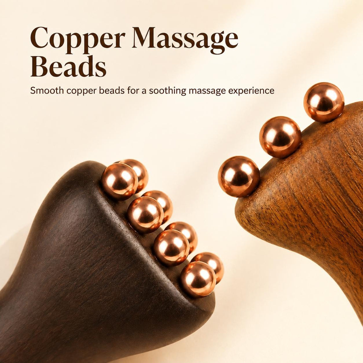Close-up titled Copper Massage Beads comparing both ends of the Copper & Sandalwood Facial Massage Tool, showing the smooth copper beads