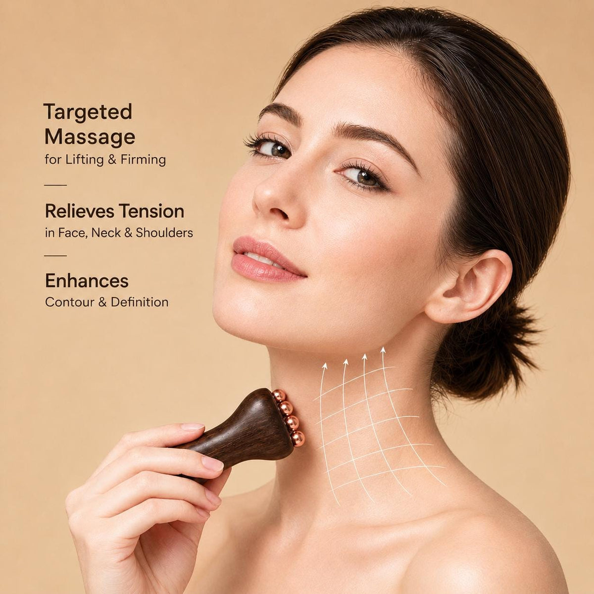 Woman applying the Copper & Sandalwood Facial Massage Tool to her neck with lifting-motion arrows, text reading Targeted Massage for Lifting and Firming, Relieves Tension in Face, Neck and Shoulders, Enhances Contour and Definition