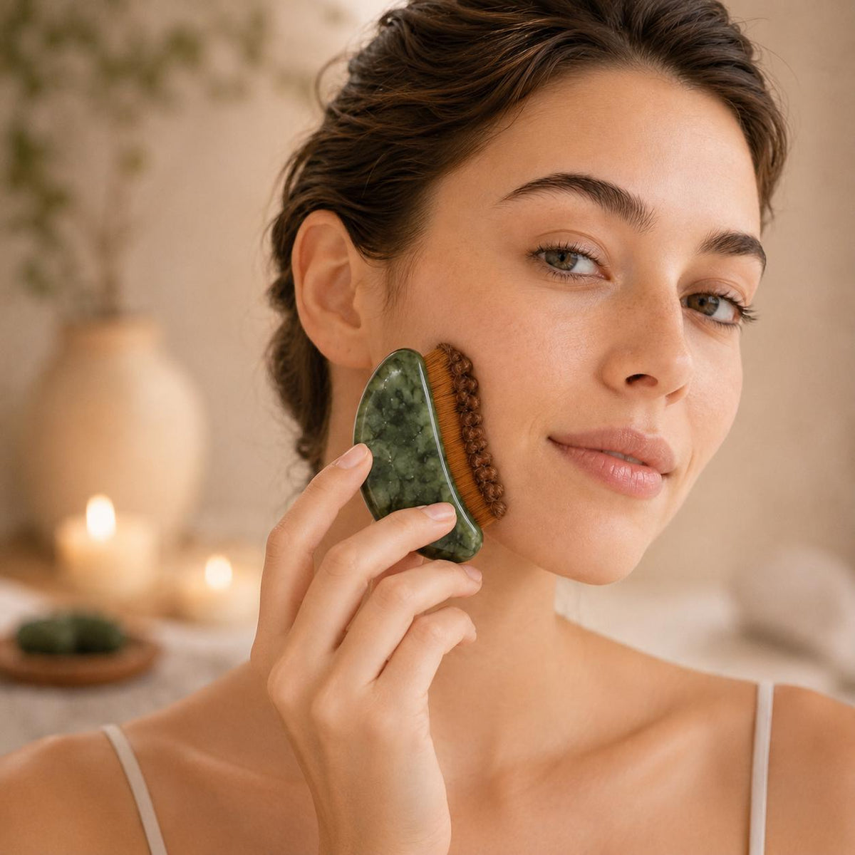 Woman looking at the camera holding the jade comb gua sha tool to her cheek in a candlelit spa setting