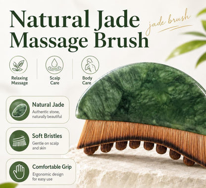 Natural Jade Massage Brush infographic showing Relaxing Massage, Scalp Care, and Body Care icons with Natural Jade, Soft Bristles, and Comfortable Grip callouts