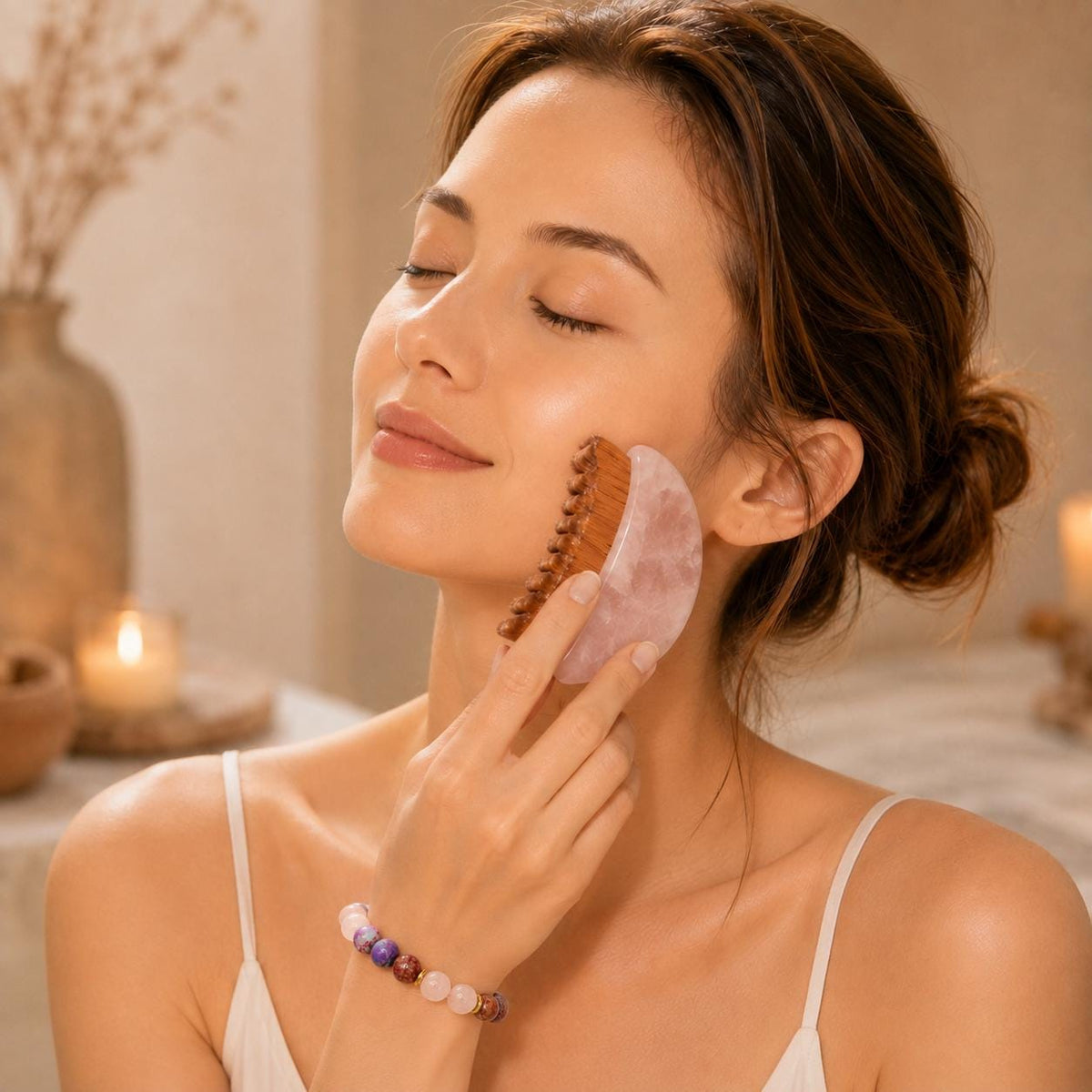 Woman with eyes closed using the rose quartz comb gua sha tool from the set on her cheek, wearing the matching bracelet, in a candlelit spa setting