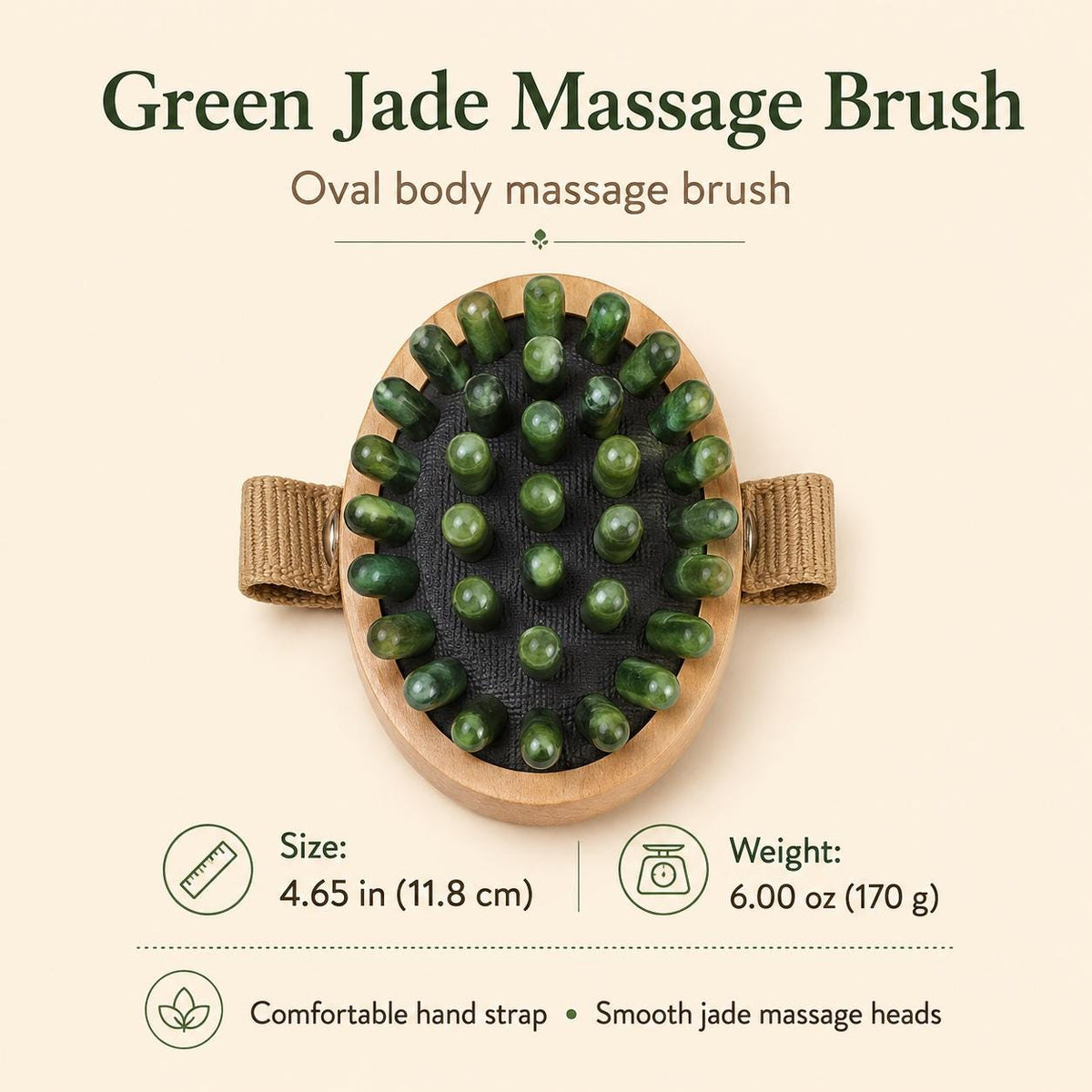 Green Jade Massage Brush spec infographic showing size 4.65 in and weight 6.00 oz, with comfortable hand strap and smooth jade massage heads