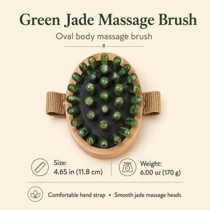 Green Jade Massage Brush spec infographic showing size 4.65 in and weight 6.00 oz, with comfortable hand strap and smooth jade massage heads