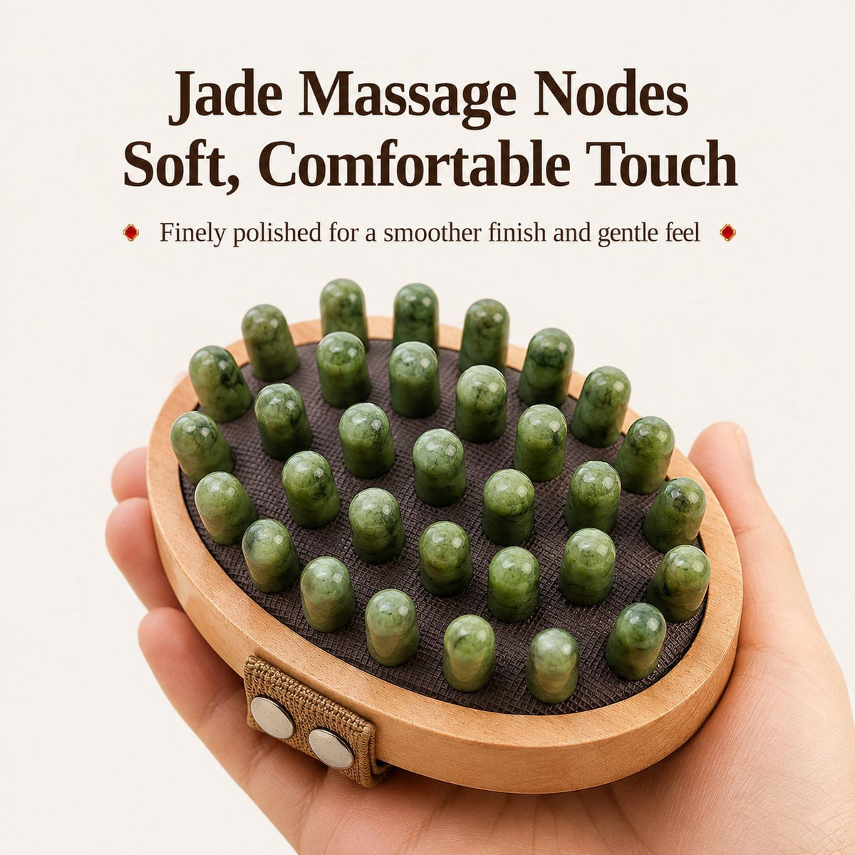Close-up in hand of the Jade Lymphatic Massage Brush showing its polished jade massage nodes, titled Jade Massage Nodes Soft Comfortable Touch