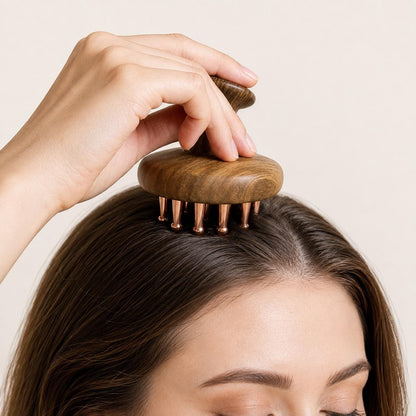 Woman using the Copper & Sandalwood Scalp Massage Comb along her hairline and scalp