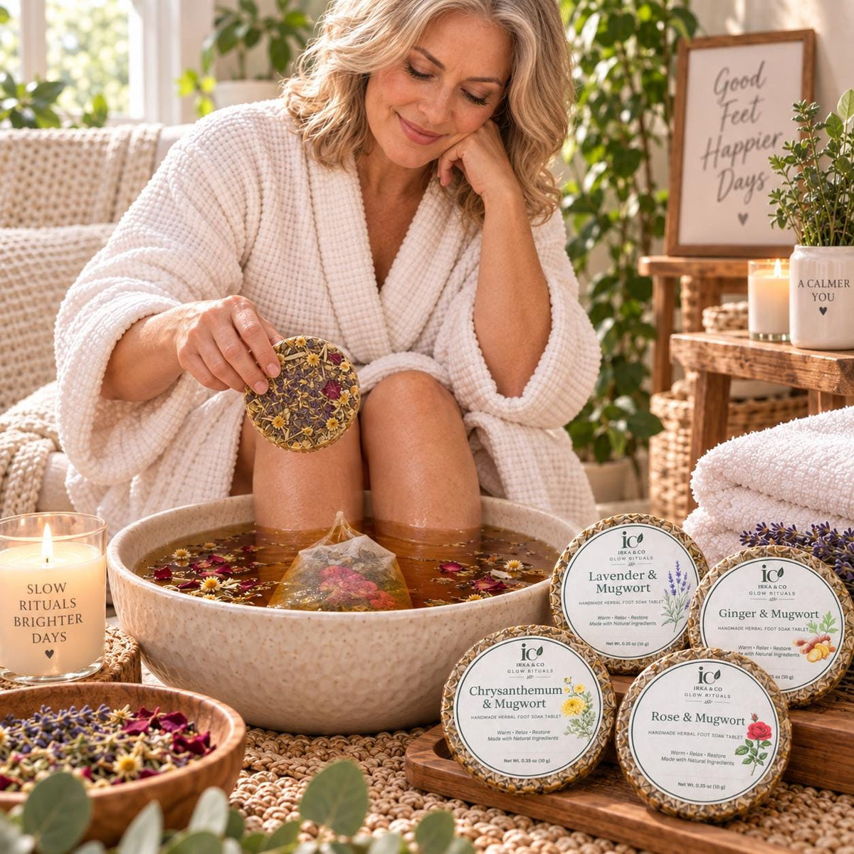 Foot soak tablets packed in the Irka & Co. pouch, ready to give