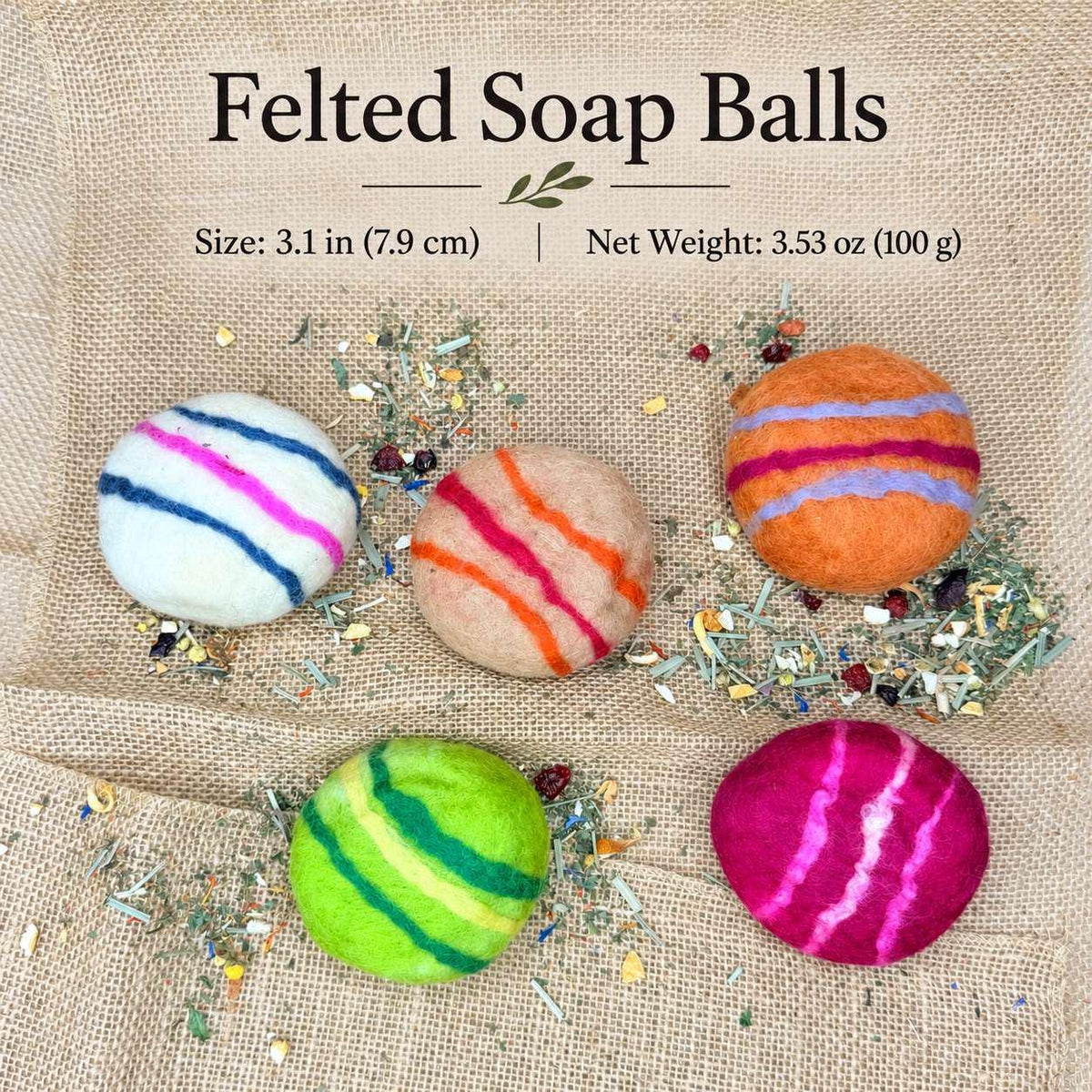 Close up of the wool felt texture on a handmade soap ball