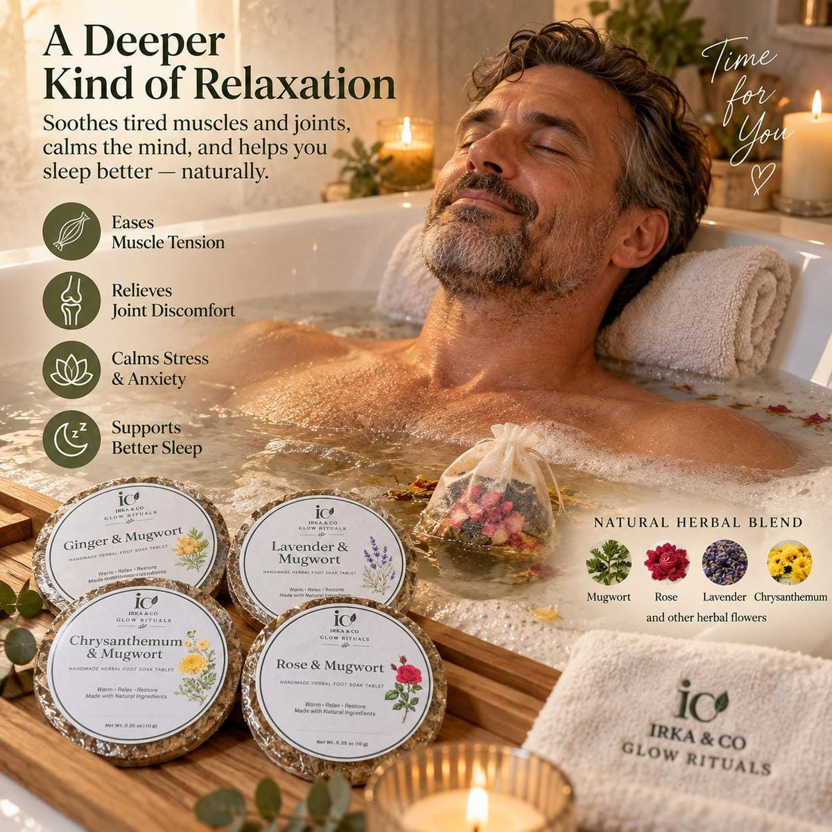 Four botanical foot soak blends laid out on linen