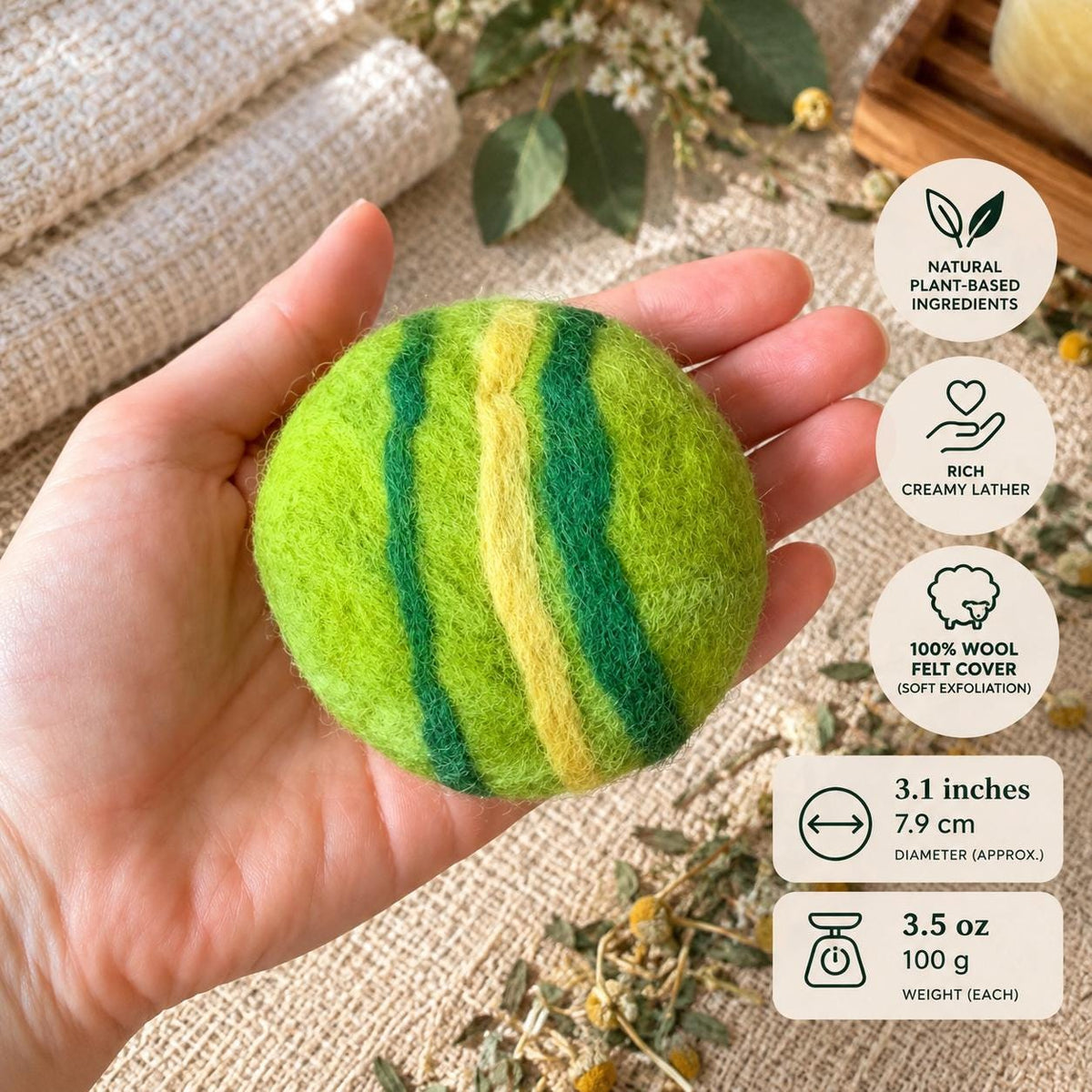Felted soap in its kraft gift box with the scent on the label