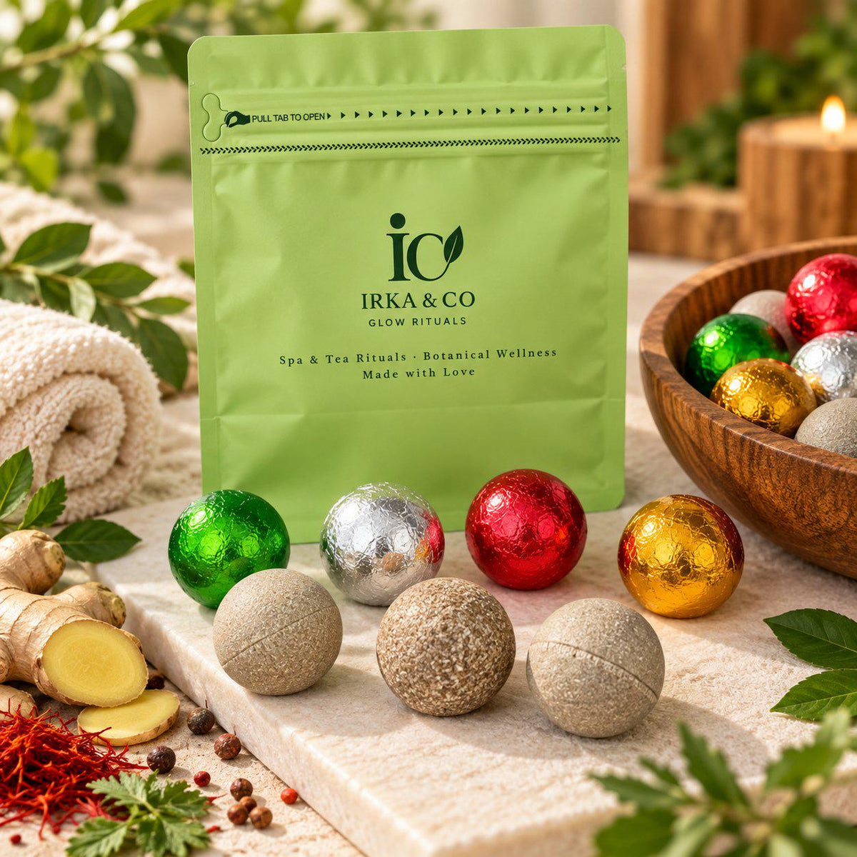 Herbal foot soak balls individually wrapped in bright foil