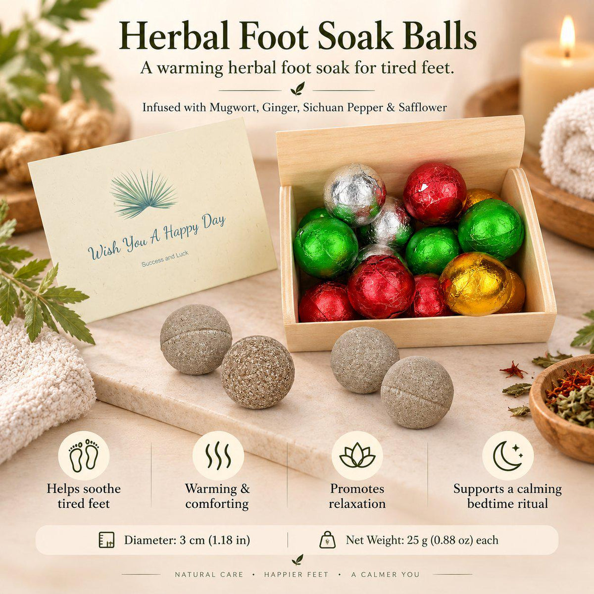 Box of foil-wrapped foot soak balls, ready to give