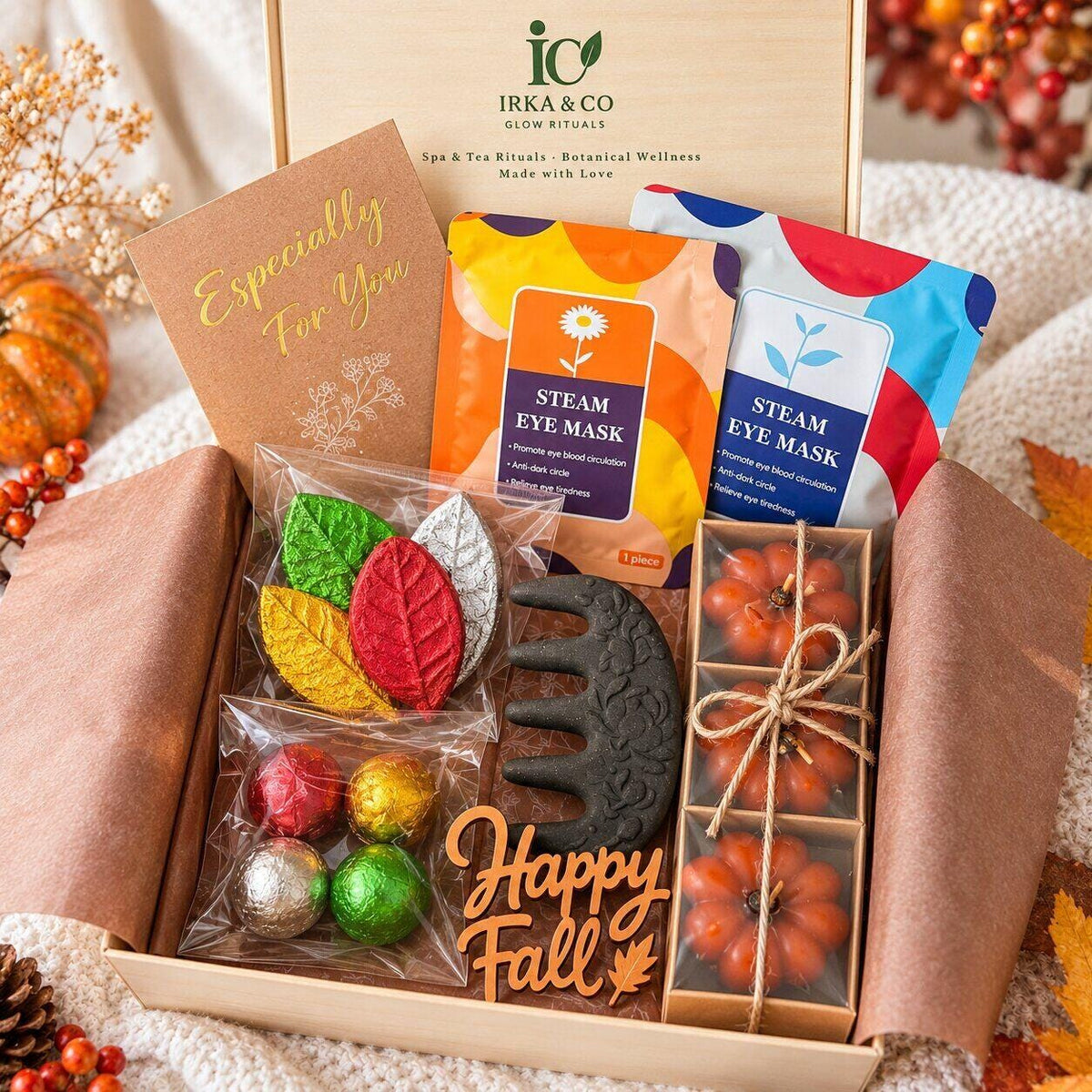 Autumn Evening Ritual Box with pumpkin candles, pressed leaf teas, herbal foot soak and scalp comb in a bamboo keepsake box
