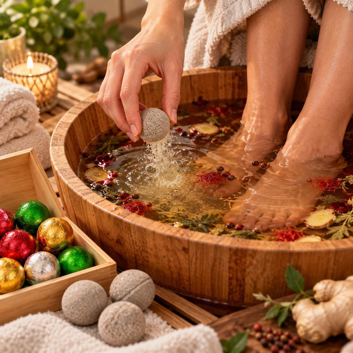 Warm herbal foot bath with an Irka & Co. foot soak ball