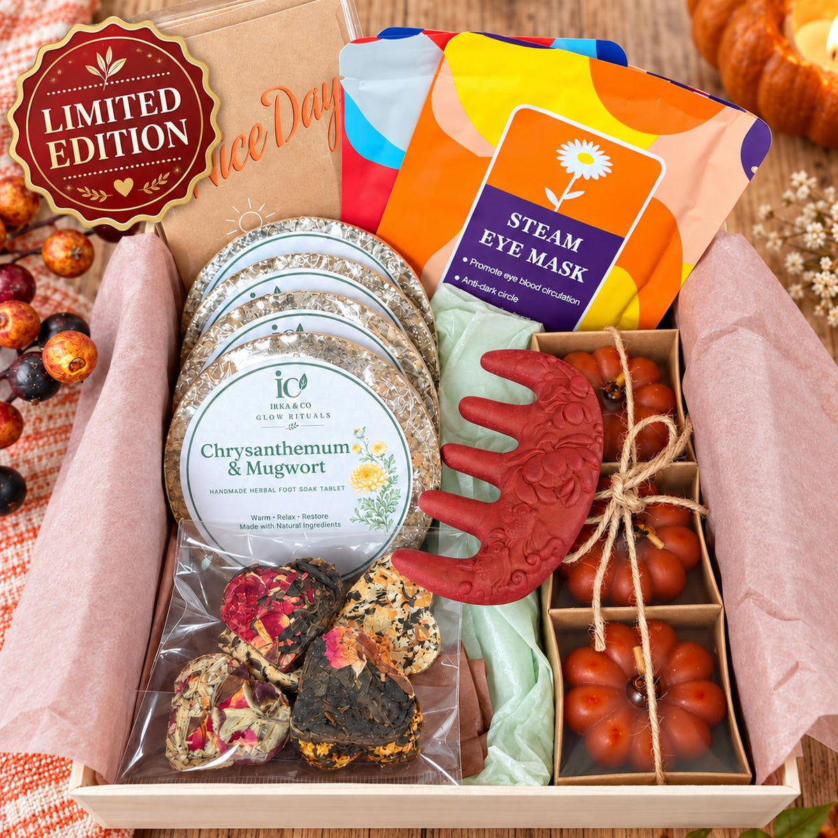 Limited Edition Fall Spa Ritual Box with herbal foot soak tablets, tea hearts, pumpkin candles and steam eye masks