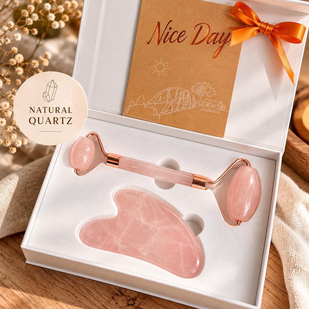 Rose Quartz Gua Sha & Roller Ritual Duo in gift box with personalized card