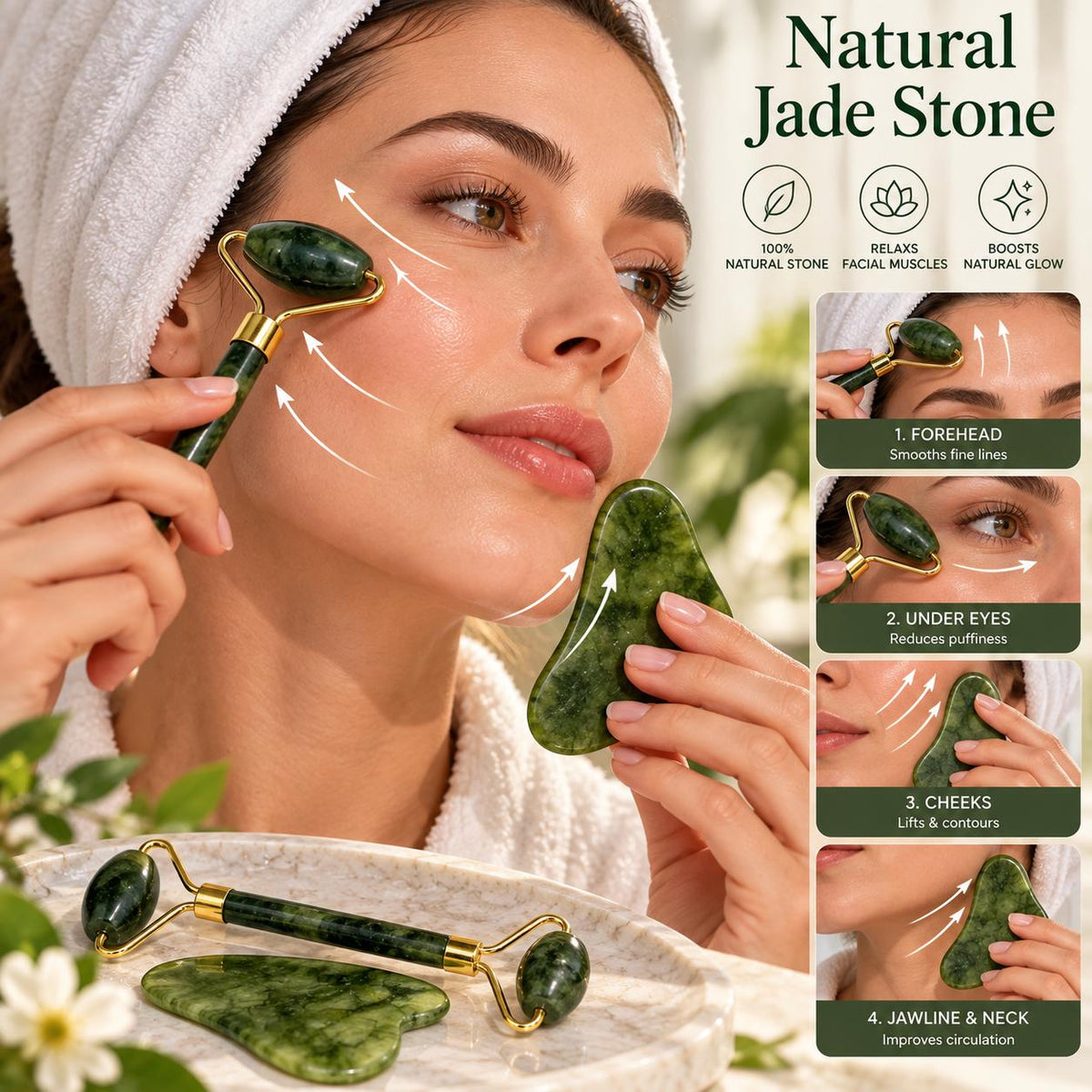 Woman using natural jade stone facial tool