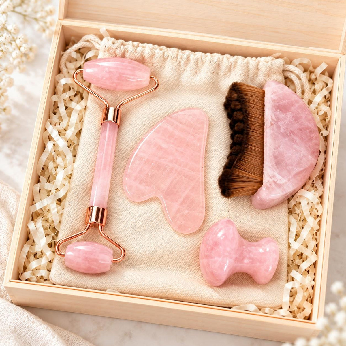 Rose Quartz Cooling Facial Ritual Set - roller, gua sha stone, brush and mushroom in gift box