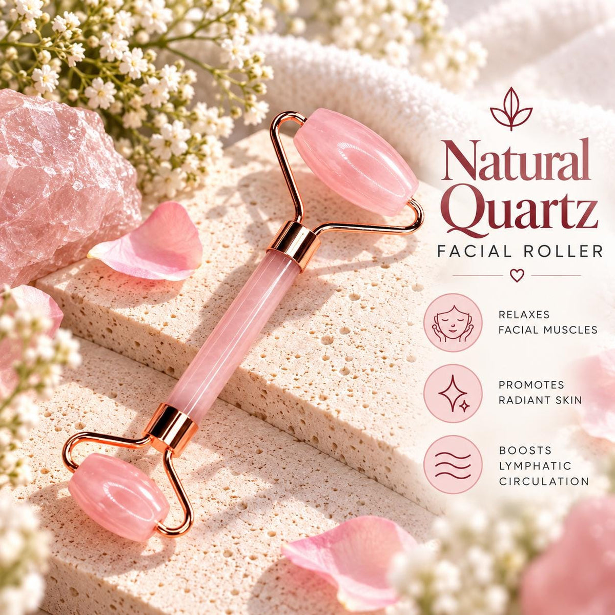 Natural Rose Quartz Facial Roller held in hand