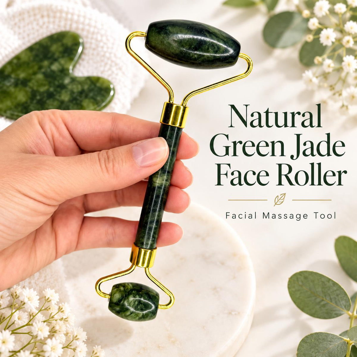 Natural Jade Facial Roller held in hand