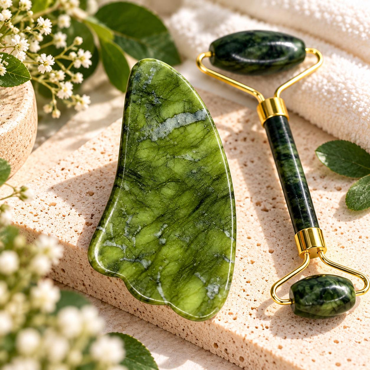 Natural jade gua sha stone close-up