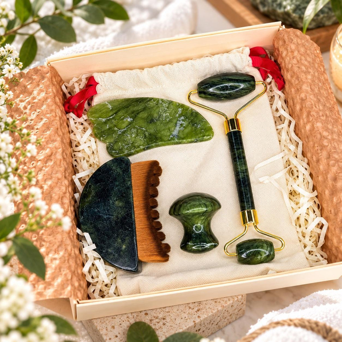 Jade Cooling Facial Ritual Set - roller, gua sha stone, brush and mushroom in gift box