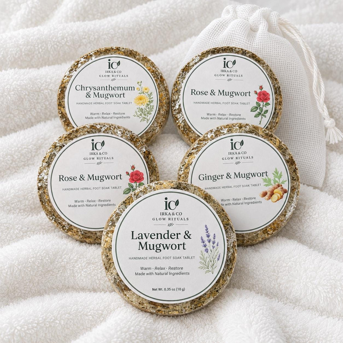 Warm golden foot bath made with a botanical soak tablet
