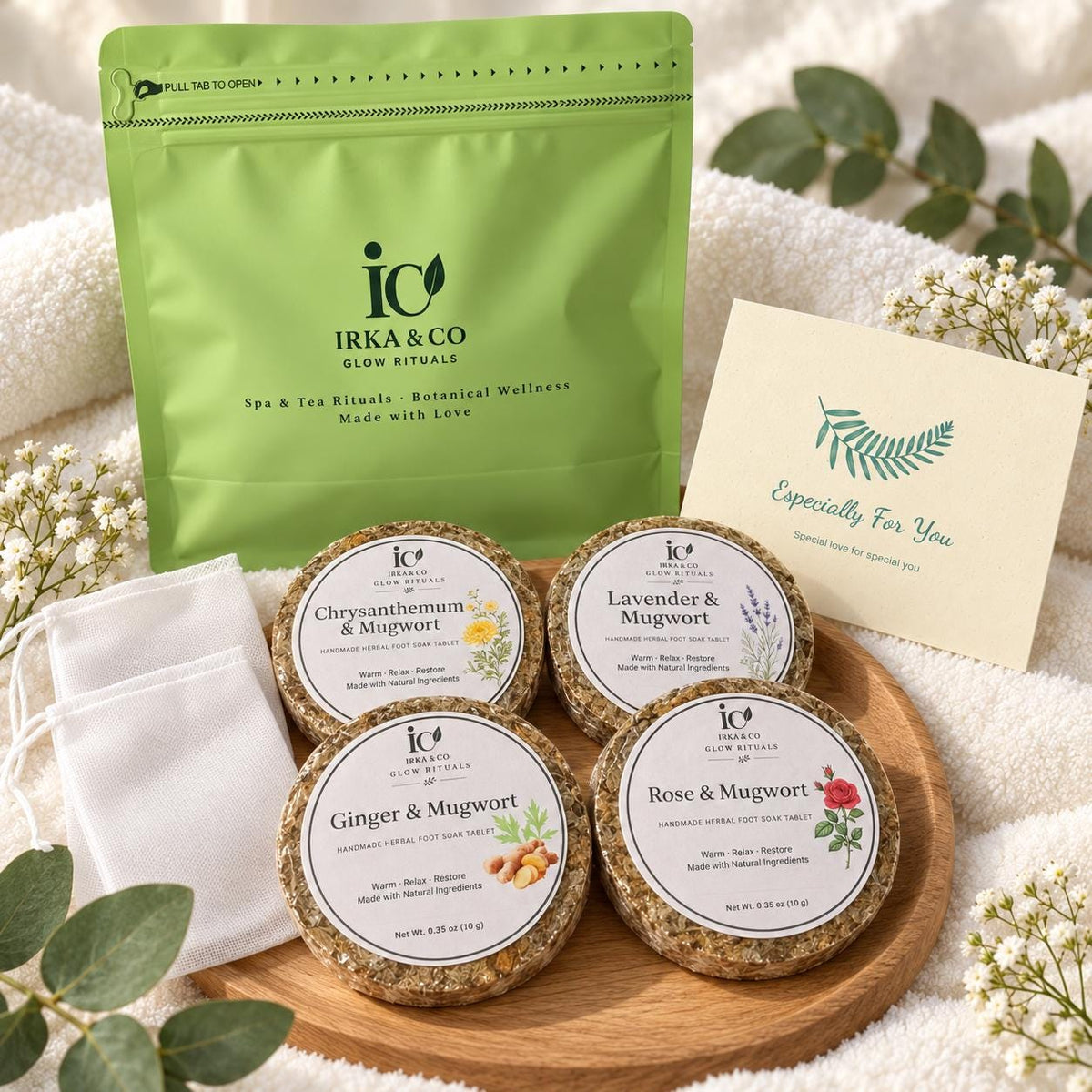 Pressed botanical foot soak tablet showing real dried flowers and leaves